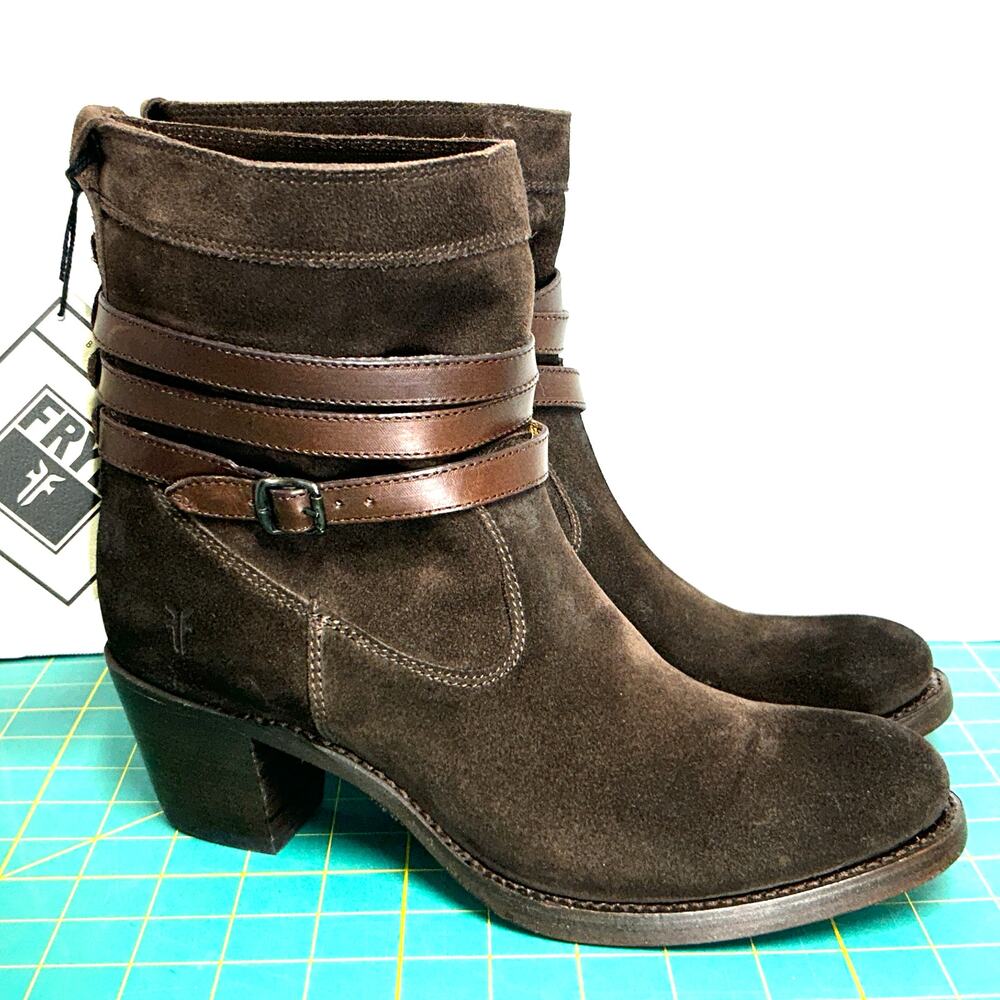 Frye Jane Short Strappy Suede Ankle Boot Heels NWT Womens 9 Brown Slouch Bootie
